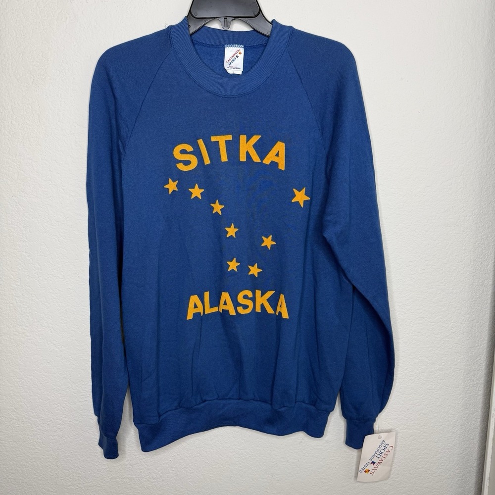 Vintage 90s Alaska Blue Crewneck Sweatshirt Large Gold Stars Made USA 50/50 NWT!